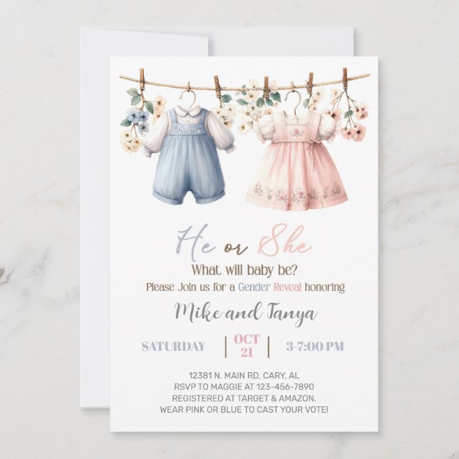 Clothesline gender reveal invitation, flowers. invitation (Front)