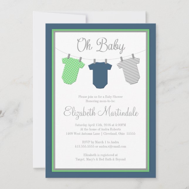 Clothesline Navy Green Baby Boy Shower Invitation (Front)