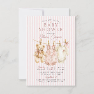 Clothesline Teddy Bear Pink Girl Baby Shower Invitation