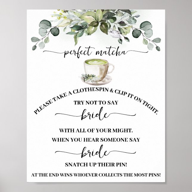 Clothespin Eucalyptus Matcha Bridal Shower Game Poster (Front)