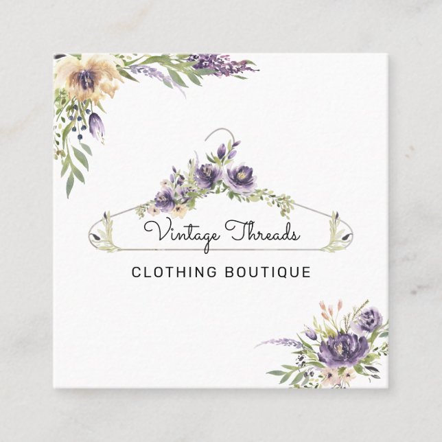 Clothing Boutique | Floral Clothes Hanger Logo Square Business Card (Front)
