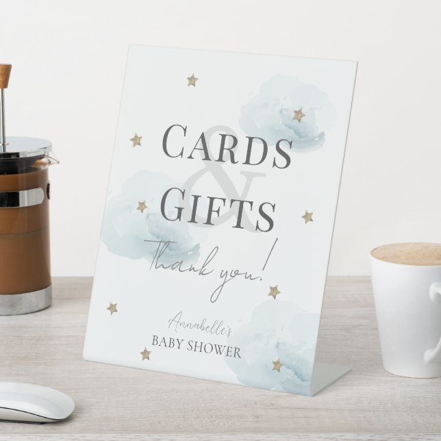 Cloud 9 Blue Clouds Boy Baby Shower Cards & Gifts Pedestal Sign (In SItu)