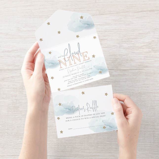 Cloud 9 Blue Clouds Boy Baby Shower Foil All In One Invitation (Tearaway)