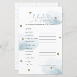 Cloud 9 Gold Stars Blue Baby Shower Word Scramble