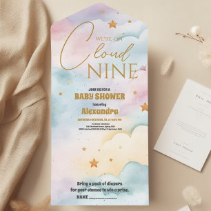 Cloud 9 Gold Stars Watercolor Baby Shower All In One Invitation