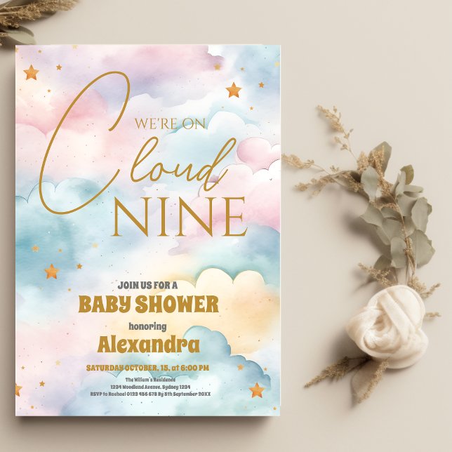 Cloud 9 Gold Stars Watercolor Baby Shower Invitation (Creator Uploaded)