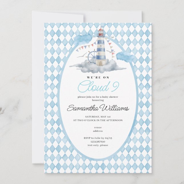 Cloud 9 Nautical Lighthouse Watercolor Baby Shower Invitation (Front)