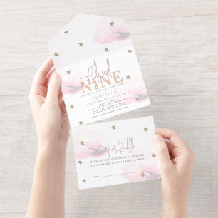 Cloud 9 Pink Clouds Girl Baby Shower Foil All In One Invitation