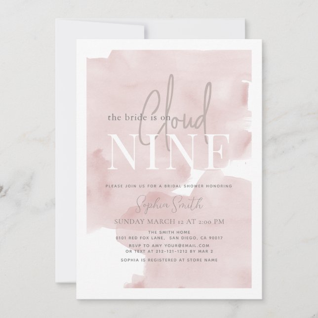 Cloud 9 Pink Sky Watercolor Bridal Shower Invitation (Front)