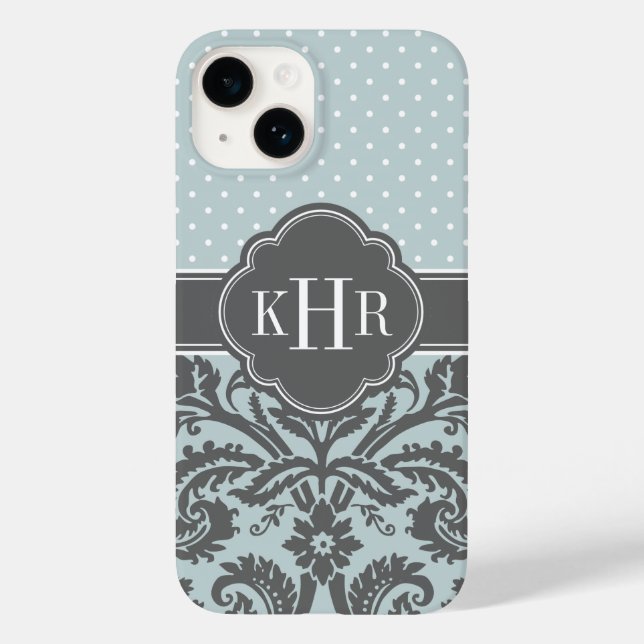 Cloud and Charcoal Grey Damask Polka Dots Monogram Case-Mate iPhone Case (Back)
