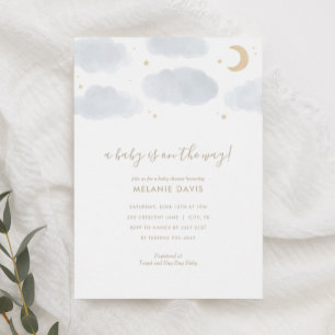 Cloud and Stars Blue Watercolor Baby Shower Invitation