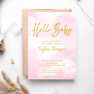 Cloud baby shower pink and gold invitation