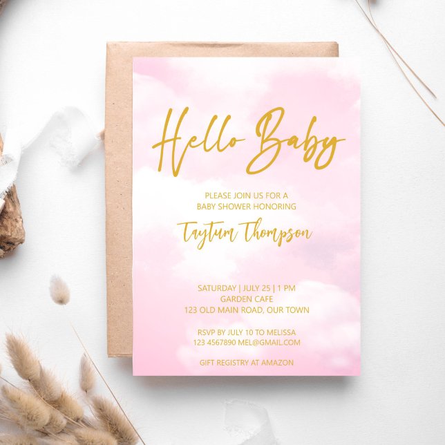 Cloud baby shower pink and gold  invitation (Cloud baby shower pink and gold hello baby invitation template instant download)