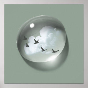 Cloud & Birds Water-drop Green Minimal Poster