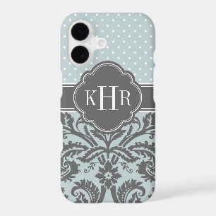 Cloud Blue and Charcoal Grey Damask Dots Monogram