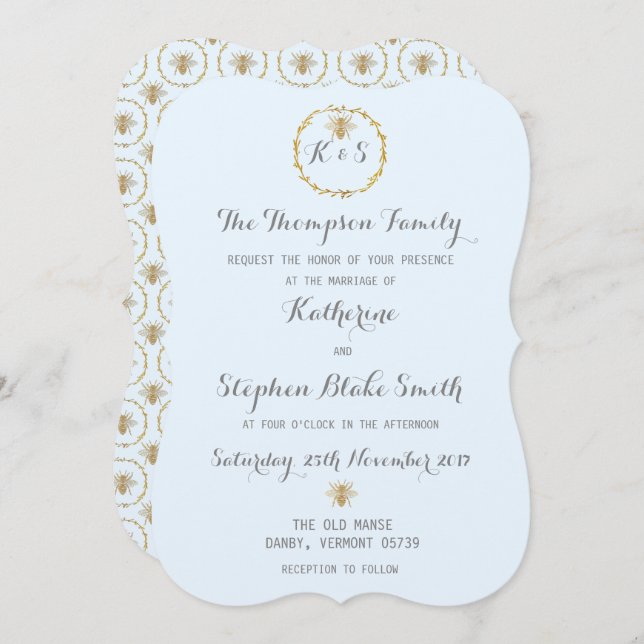 Cloud Blue and Gold Foil Golden Bees Wedding Invitation (Front/Back)