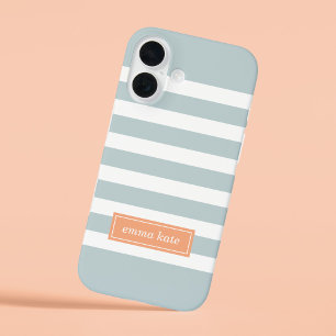 Cloud Blue and Peach Preppy Stripes Monogram iPhone 16 Case