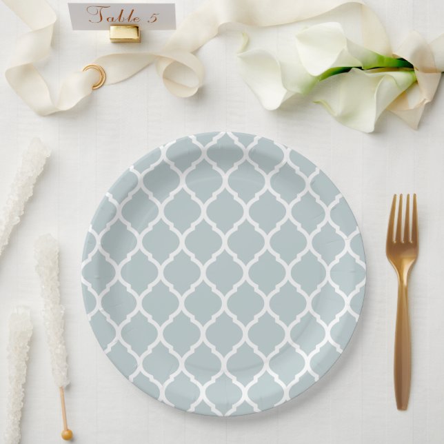 Cloud Blue and White Moroccan Quatrefoil Paper Plate (Wedding)