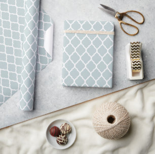 Cloud Blue and White Moroccan Quatrefoil Wrapping Paper
