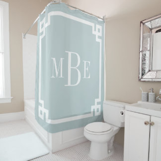 Cloud Blue Greek Key Border Monogram Shower Curtain