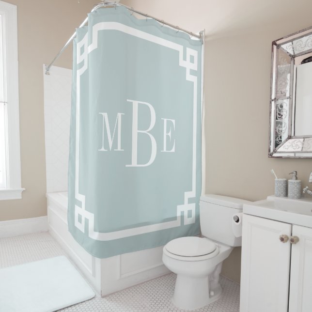 Cloud Blue Greek Key Border Monogram Shower Curtain (In Situ)