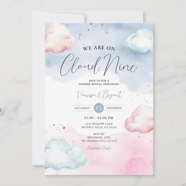 Cloud Blush Pink & Blue Gender Reveal Gold Glitter Invitation (Front)