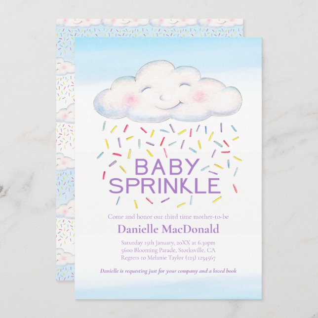 Cloud candy baby sprinkle colourful watercolor invitation (Front/Back)