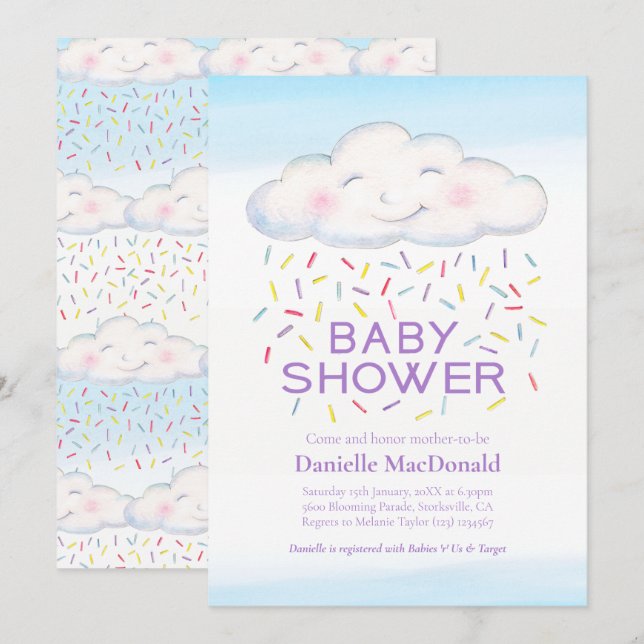 Cloud candy sprinkles watercolor baby shower invitation (Front/Back)
