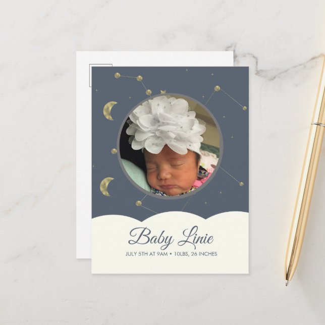 Cloud Constellation Faux Gold Baby  Announcement Postcard (Front/Back In Situ)
