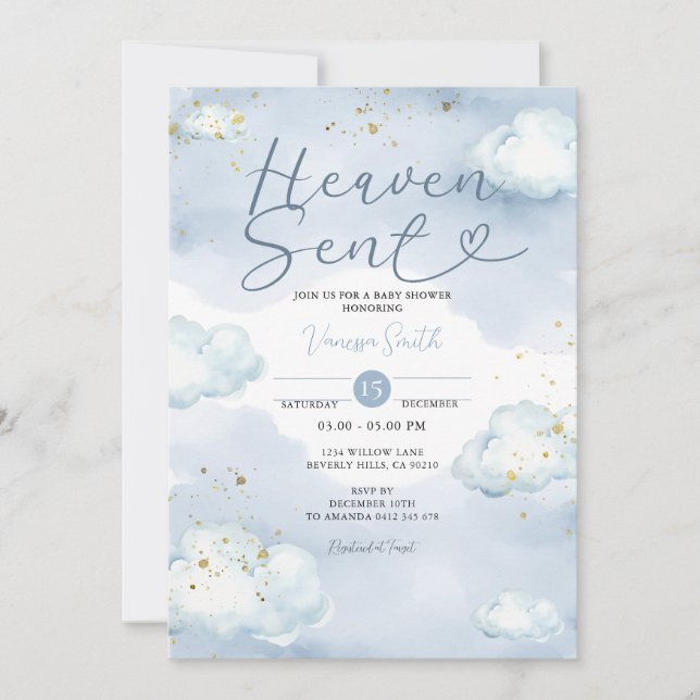 Cloud Heaven Sent Baby Shower Gold Glitter Invitation (Front)