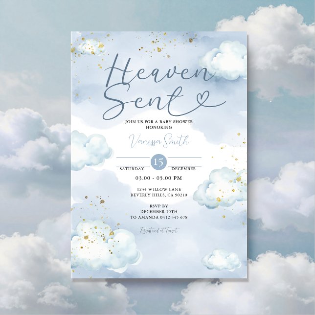 Cloud Heaven Sent Baby Shower Gold Glitter Invitation (Creator Uploaded)