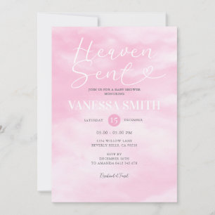 Cloud Heaven Sent Baby Shower Pink Watercolor Invitation