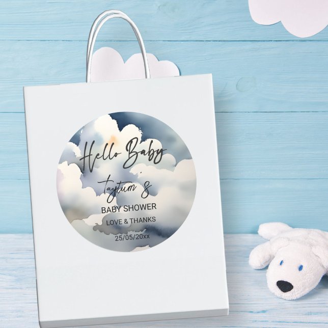 Cloud hello baby baby shower grey clouds favour classic round sticker (hello baby Cloud  baby shower grey clouds thank you favor stickers)
