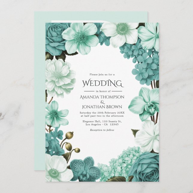 Cloud Mint, Frosted Teal & Seaglass Ivory Wedding Invitation (Front/Back)