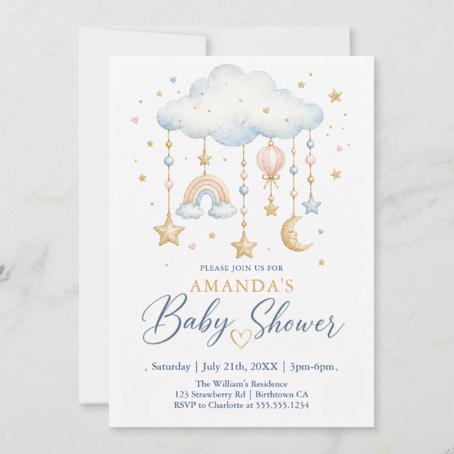 Cloud Moon Rainbow Watercolor Baby Shower Invitation (Front)