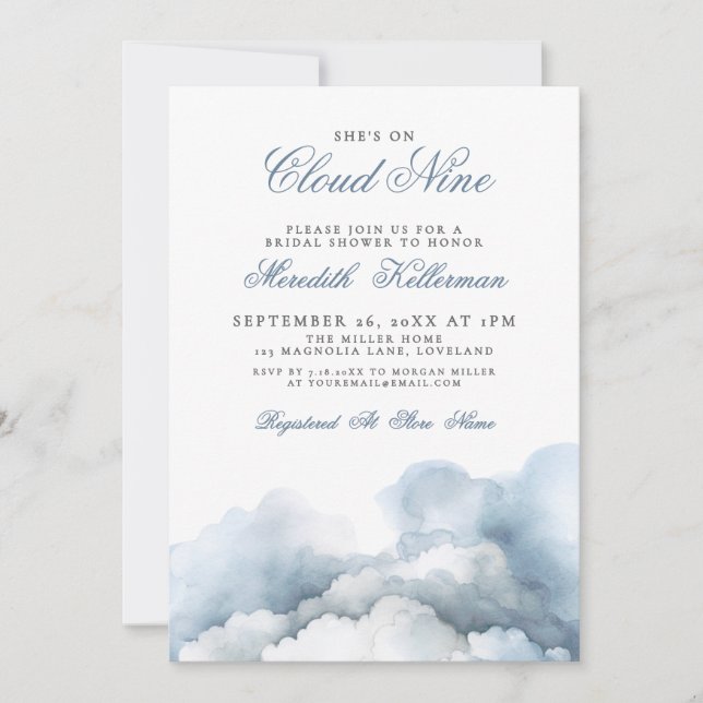 Cloud Nine 9 Elegant Blue Bridal Shower Invitation (Front)