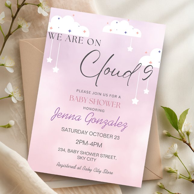 Cloud Nine 9 Girl Pink Baby Shower Invitation (Cloud Nine 9 Girl Pink Baby Shower Invitation)
