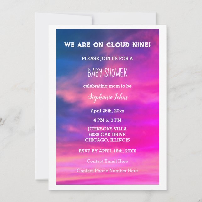 Cloud Nine Baby Shower Colourful Pink Art QR Code  Invitation (Front)