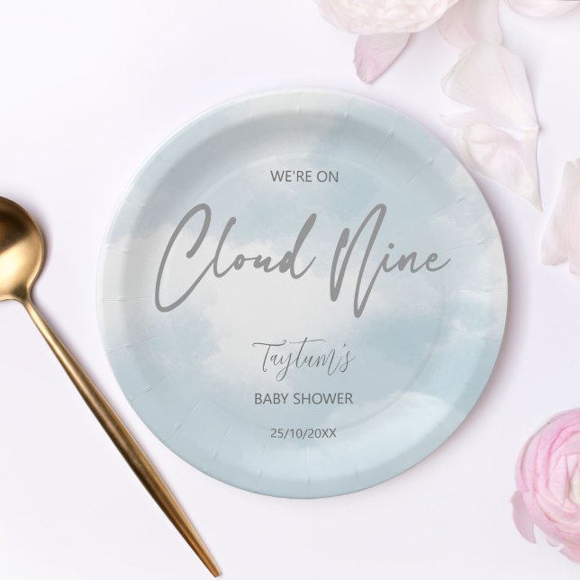 Cloud nine baby shower grey dusty blue paper plate (Cloud nine baby shower grey dusty blue paper plates personalized tableware table decor matching)