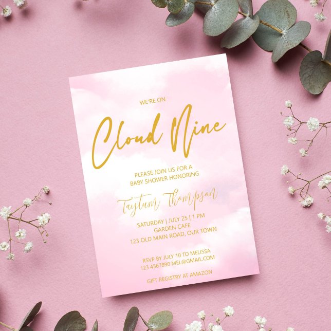 Cloud nine pink and gold baby shower invitation (Cloud nine baby shower invitation template pink and gold on cloud nine invite instant download)