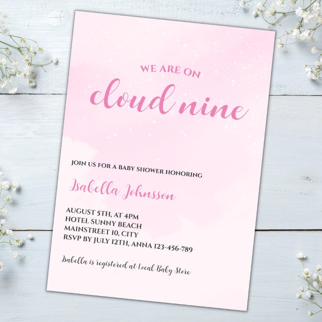 Cloud Nine Pink Clouds Baby Girl Baby Shower Invitation (cloud nine baby girl shower invitation pink clouds)