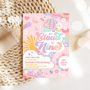 Cloud Nine Retro Groovy Daisy 9th Birthday Invitation