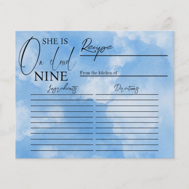 Cloud Nine Sky Blue Bridal Shower Recipe Game Card (Front)