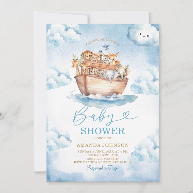 Cloud Noah's Ark Light Blue Baby Shower Invitation (Front)
