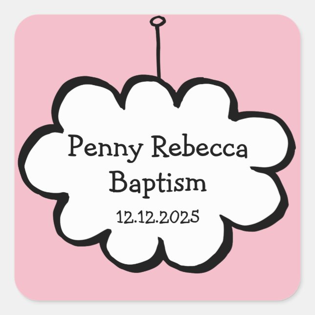 Cloud on a String Baptism Christening Favour Square Sticker (Front)