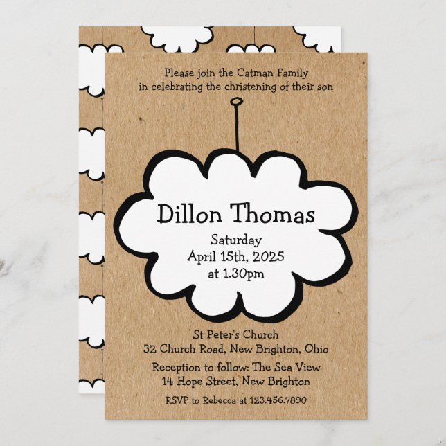 Cloud on a String Baptism Christening Invitation (Front/Back)