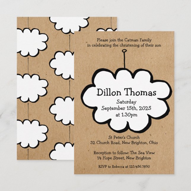 Cloud on a String Christening Invitation (Front/Back)
