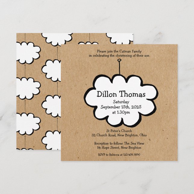 Cloud on a String Christening Invitation (Front/Back)