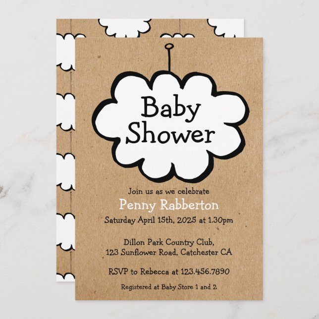 Cloud on a String Rustic Kraft Baby Shower Invitation (Front/Back)