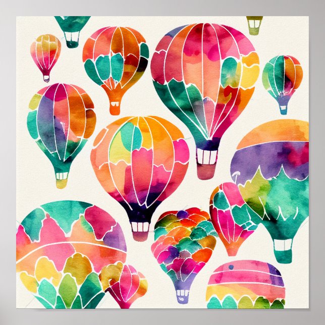 Cloud Watercolor Hot Air Balloons Art Print (Front)